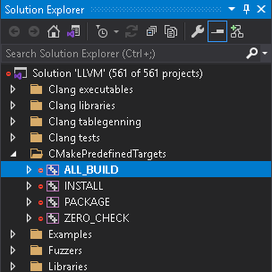 Visual Studio Solution Explorer with ALL_BUILD selected