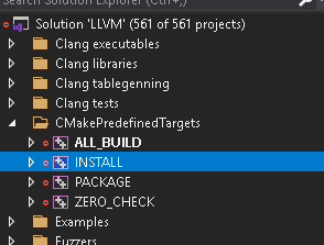 Visual Studio Solution Explorer with INSTALL selected